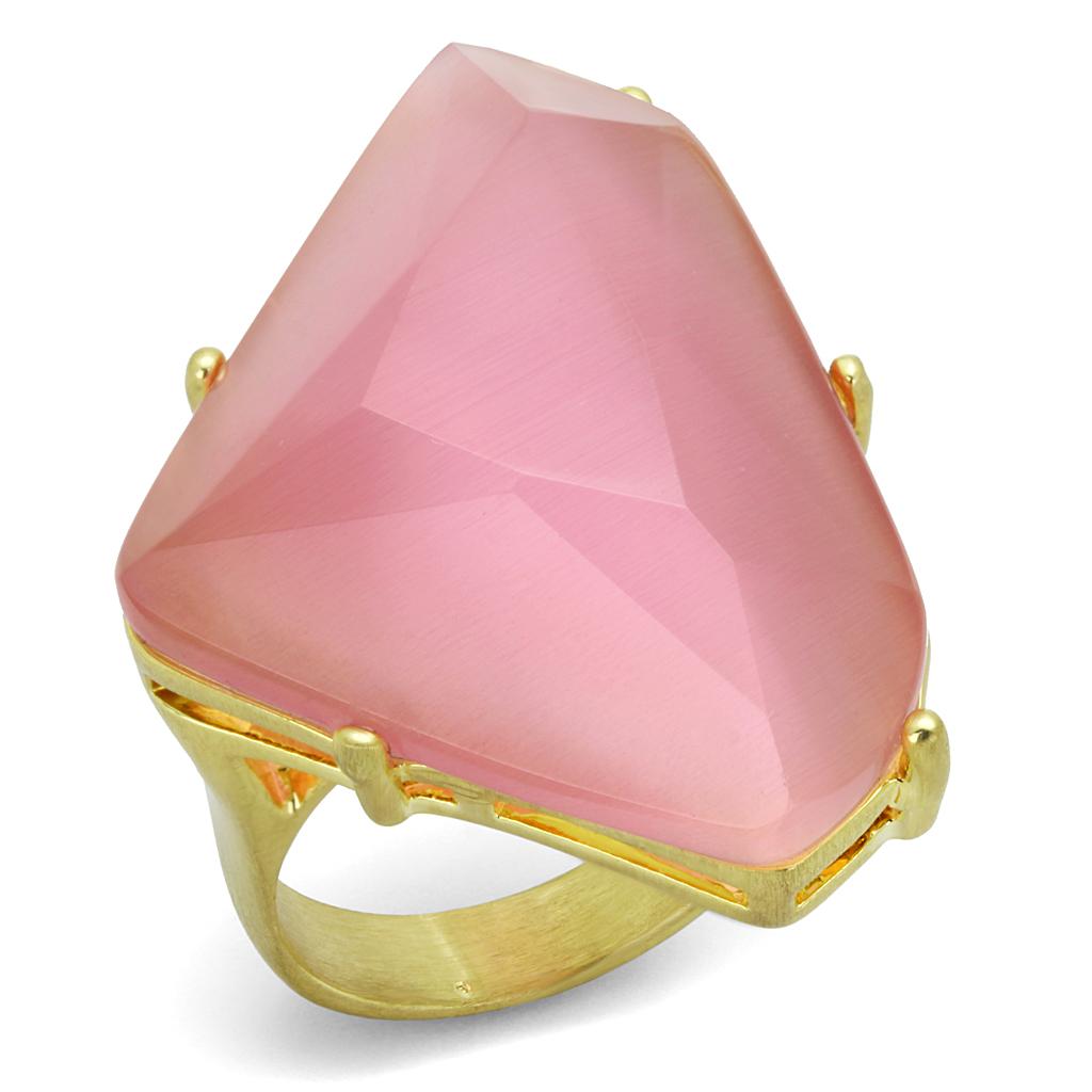 LO4104 Gold & Brush Brass Ring featuring a synthetic cat eye stone in rose color, showcasing elegant design and craftsmanship.