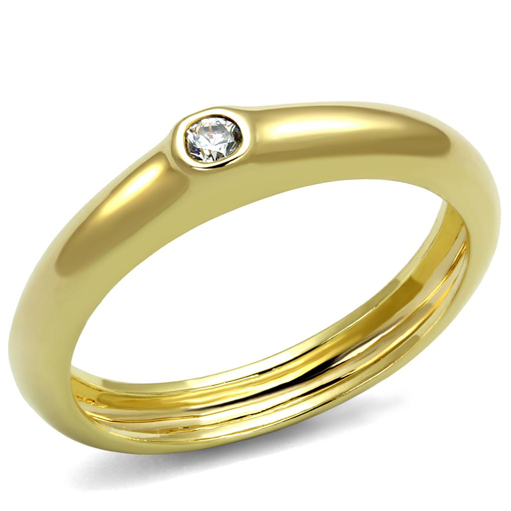 LO4107 Gold Brass Ring featuring a clear AAA Grade CZ stone, showcasing elegant design and craftsmanship.