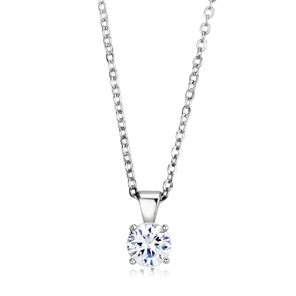 LO4129 Rhodium Brass Chain Pendant featuring a clear AAA Grade CZ stone, elegantly designed for versatile wear.