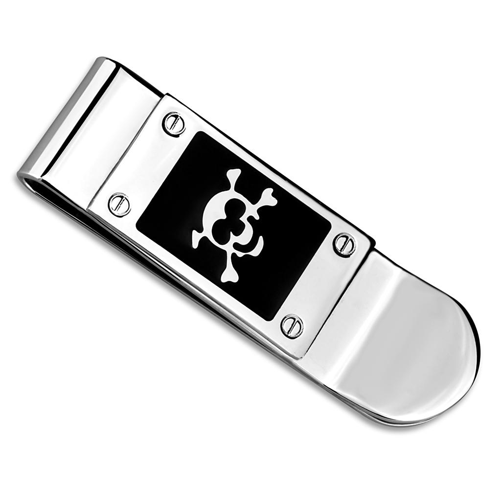 LO4131 Rhodium Brass Money Clip featuring a Jet Epoxy center stone, showcasing its elegant design and durable materials.