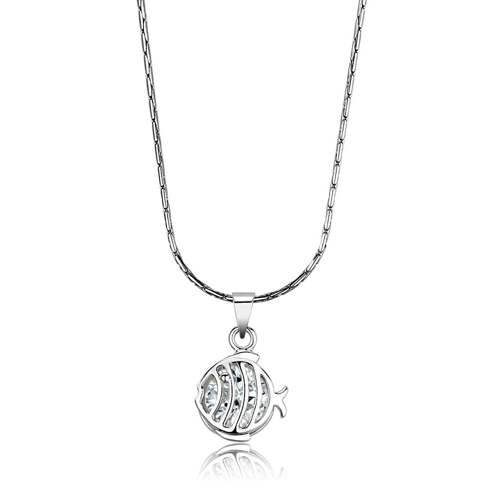LO4148 Rhodium Brass Chain Pendant featuring a clear AAA Grade CZ stone, showcasing its elegant design and high-quality craftsmanship.