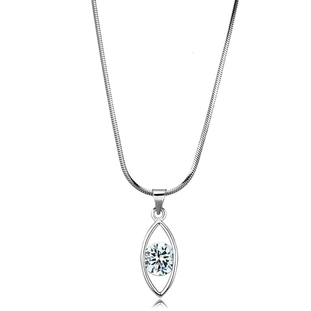 LO4157 Rhodium Brass Chain Pendant featuring a clear AAA Grade CZ stone, elegantly designed for versatile wear.
