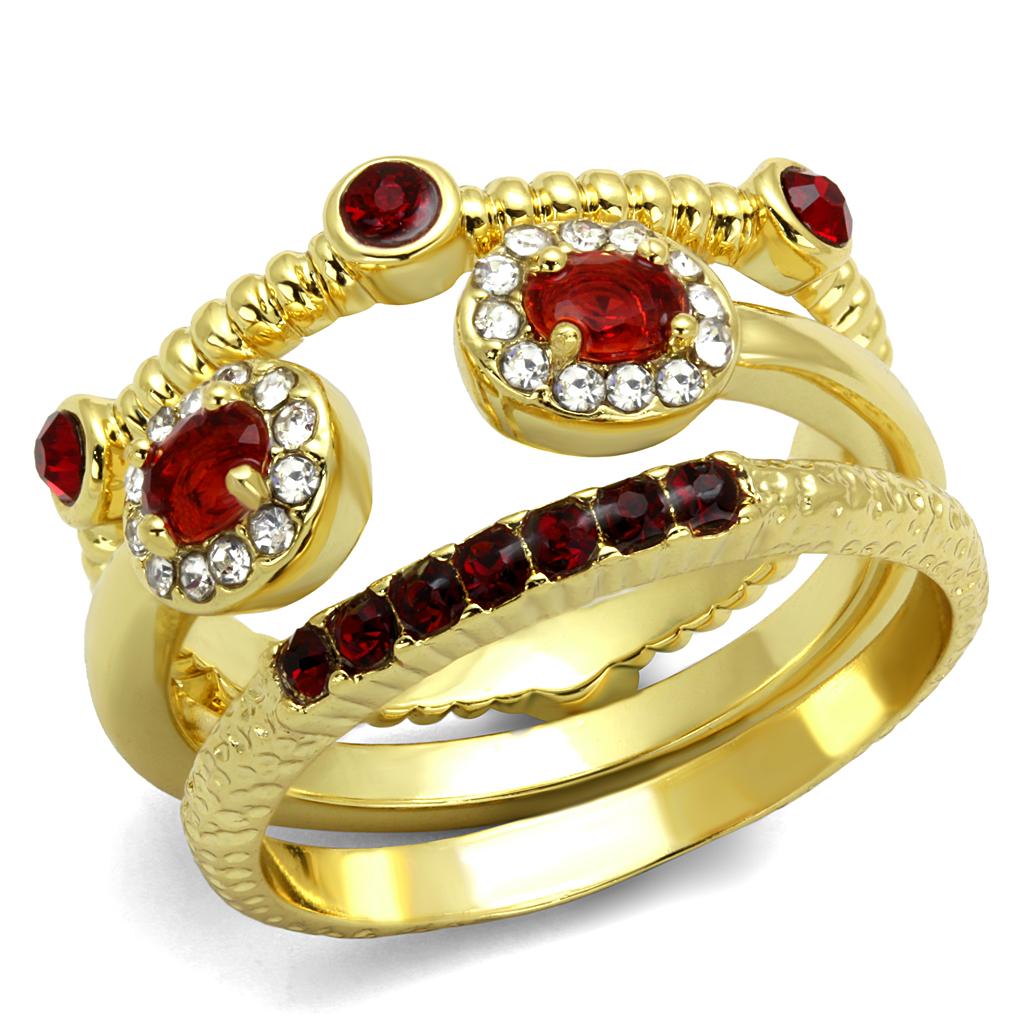 Gold brass ring featuring a vibrant Siam top grade crystal, elegantly designed for any occasion.