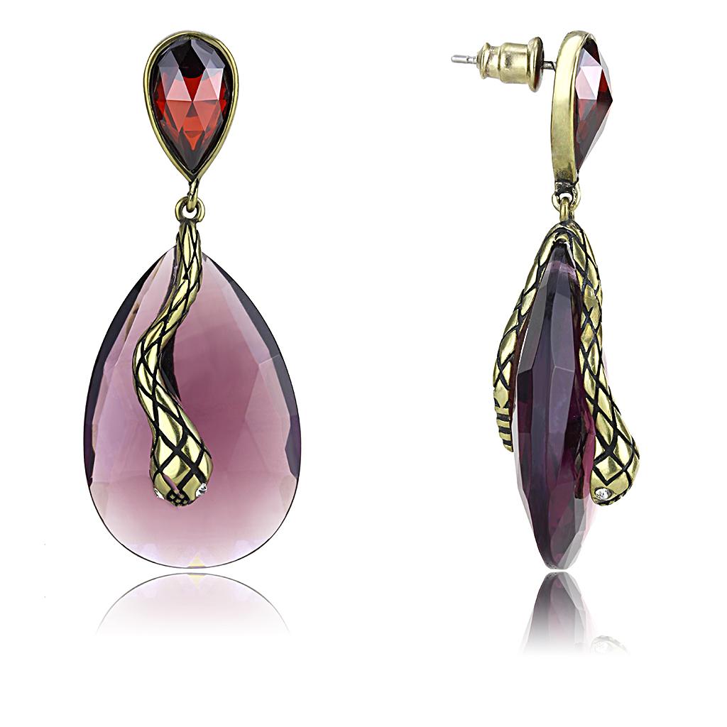 LO4187 Antique Copper Brass Earrings featuring synthetic glass stones in amethyst color, showcasing intricate design and vintage charm.