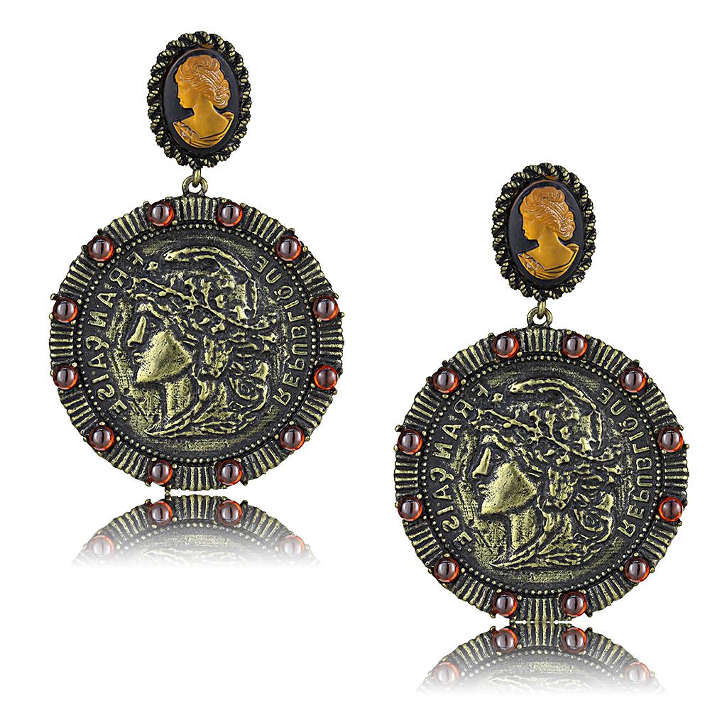 Antique Copper Brass Earrings featuring a synthetic smoked quartz stone, showcasing a vintage design and elegant finish.