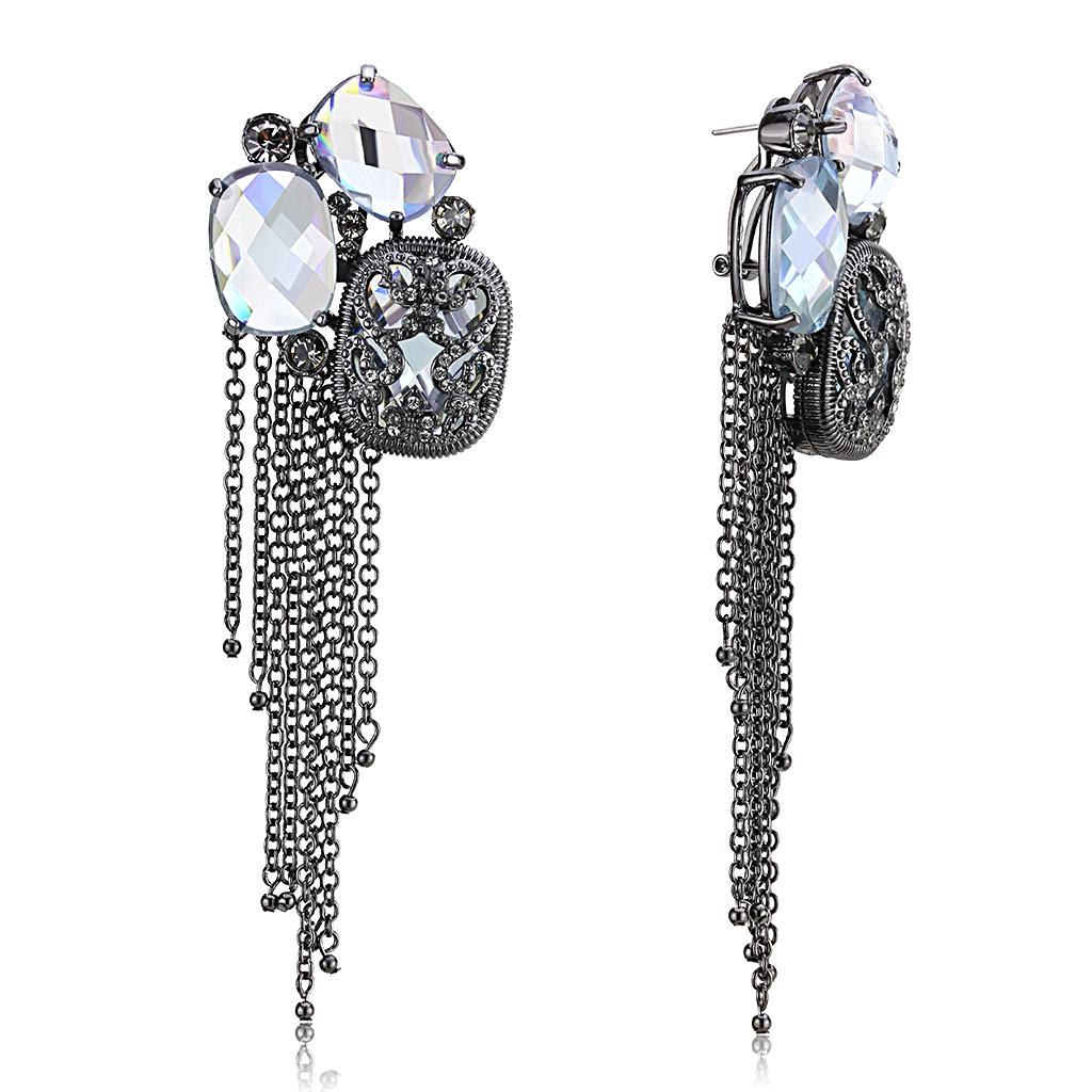 Elegant LO4191 TIN Cobalt Black Brass Earrings featuring clear AAA Grade CZ stones, showcasing a modern design.