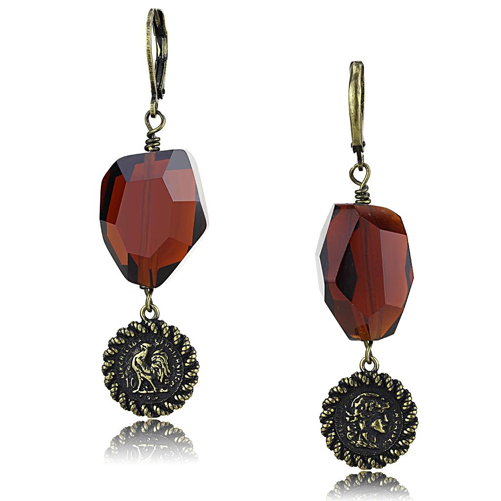 LO4193 Antique Copper Brass Earrings featuring garnet synthetic glass stones, showcasing an elegant vintage design.
