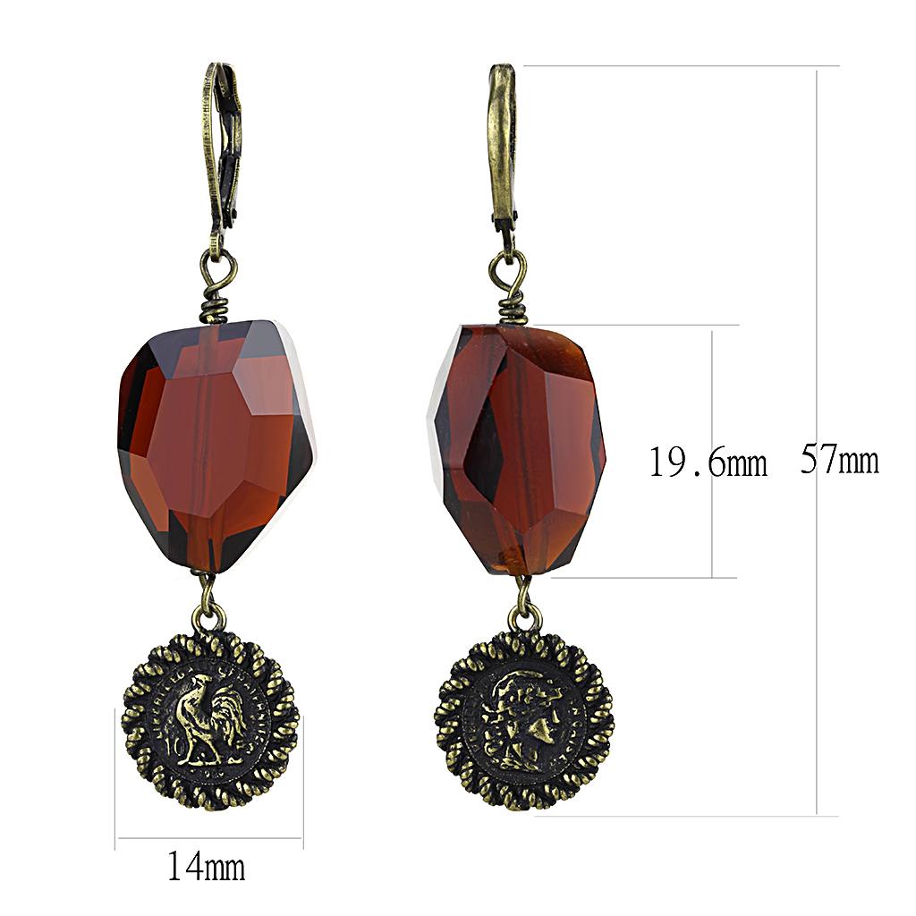 LO4193 Antique Copper Brass Earrings featuring garnet synthetic glass stones, showcasing an elegant vintage design.