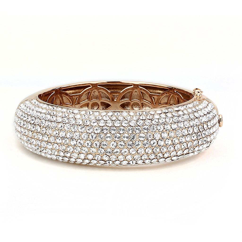 Rose Gold brass bangle featuring a clear top grade crystal, elegantly designed for stylish wear.