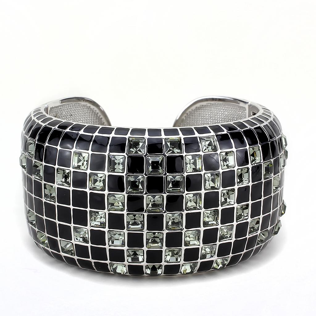 LO4272 Rhodium Brass Bangle featuring a stunning black diamond crystal centerpiece, elegantly designed for any occasion.