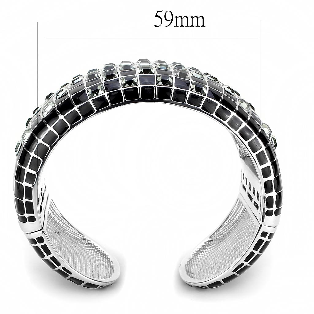 LO4272 Rhodium Brass Bangle featuring a stunning black diamond crystal centerpiece, elegantly designed for any occasion.