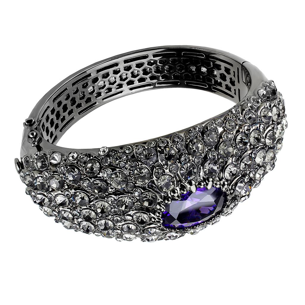 LO4275 TIN Cobalt Black Brass Bangle featuring AAA Grade CZ in Tanzanite, showcasing its elegant design and vibrant color.