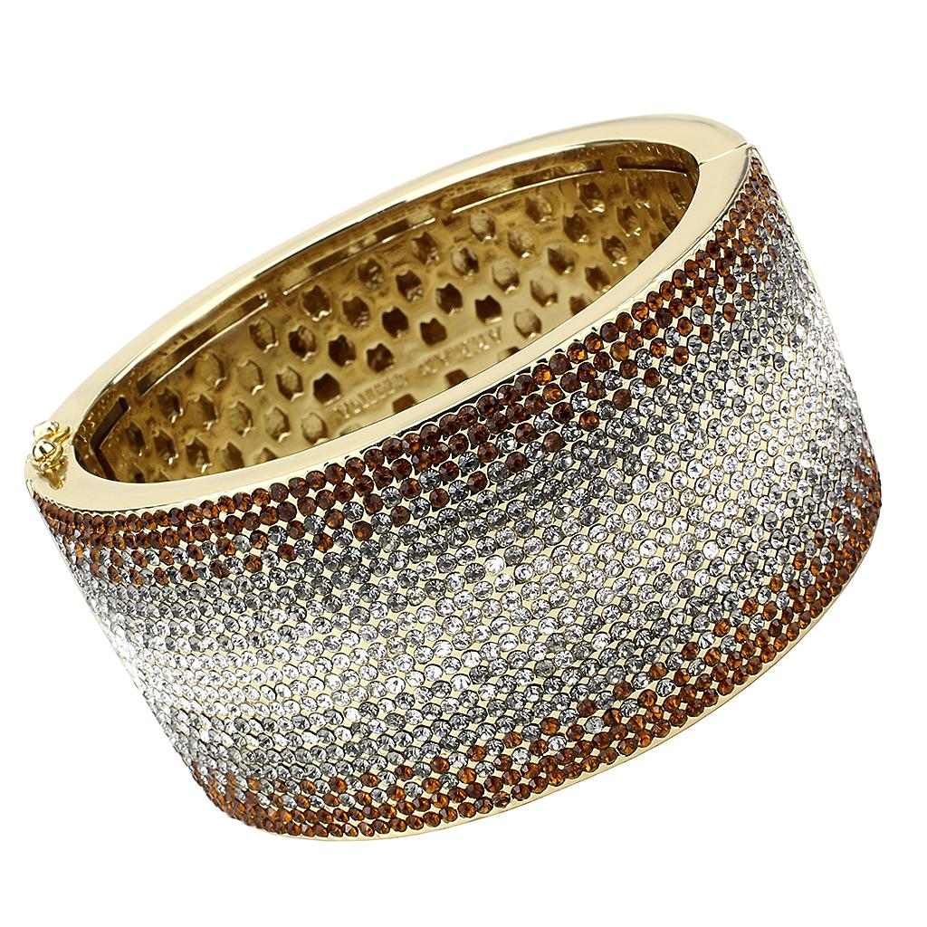 LO4280 Gold Brass Bangle featuring multi-color top grade crystals, elegantly designed for stylish wear.
