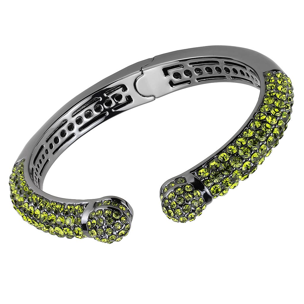 LO4284 TIN Cobalt Black Brass Bangle featuring a top grade olivine crystal centerpiece, showcasing elegance and modern design.