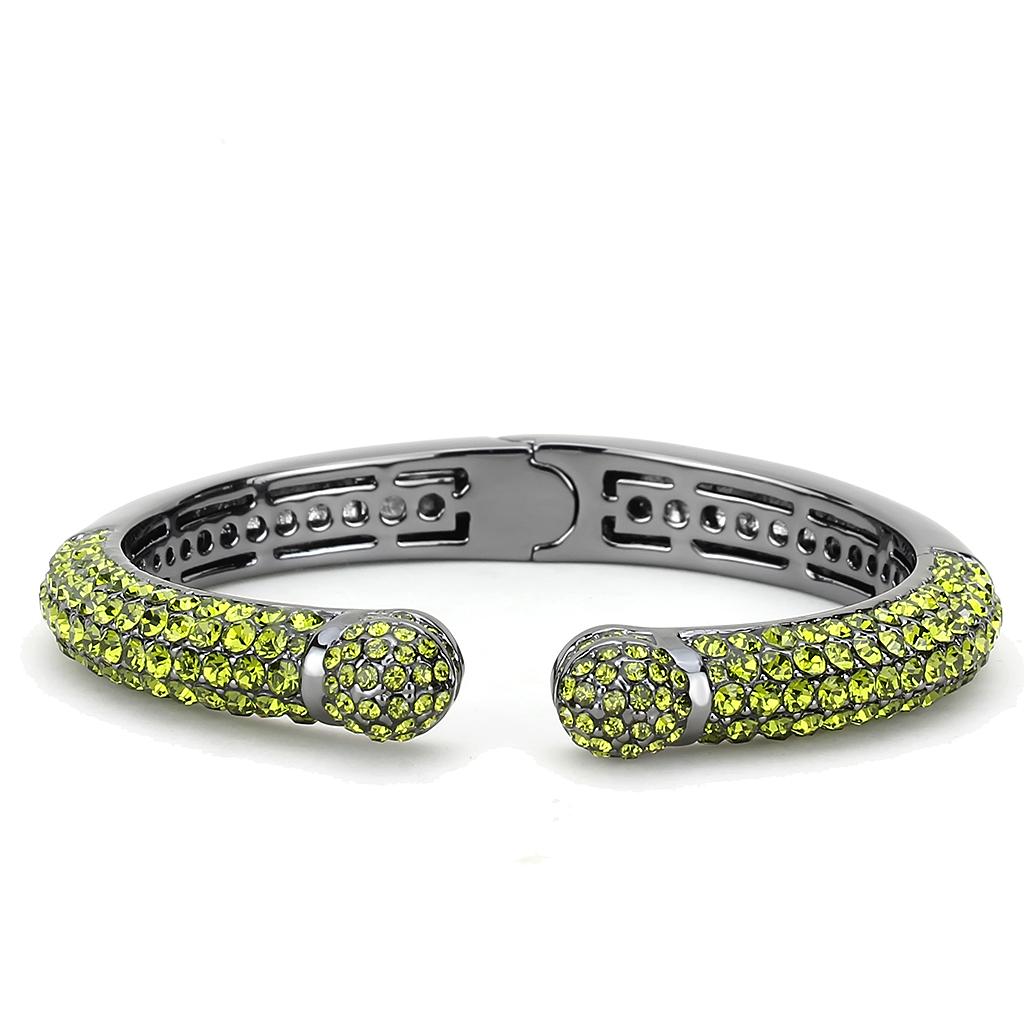 LO4284 TIN Cobalt Black Brass Bangle featuring a top grade olivine crystal centerpiece, showcasing elegance and modern design.
