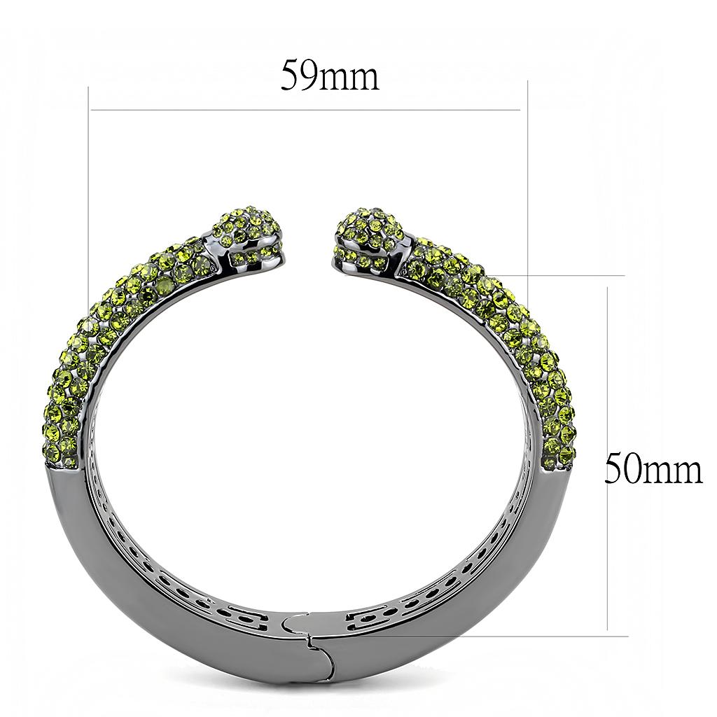 LO4284 TIN Cobalt Black Brass Bangle featuring a top grade olivine crystal centerpiece, showcasing elegance and modern design.