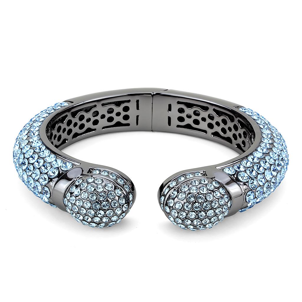 LO4289 TIN Cobalt Black Brass Bangle featuring a Sea Blue Top Grade Crystal, showcasing its elegant design and craftsmanship.