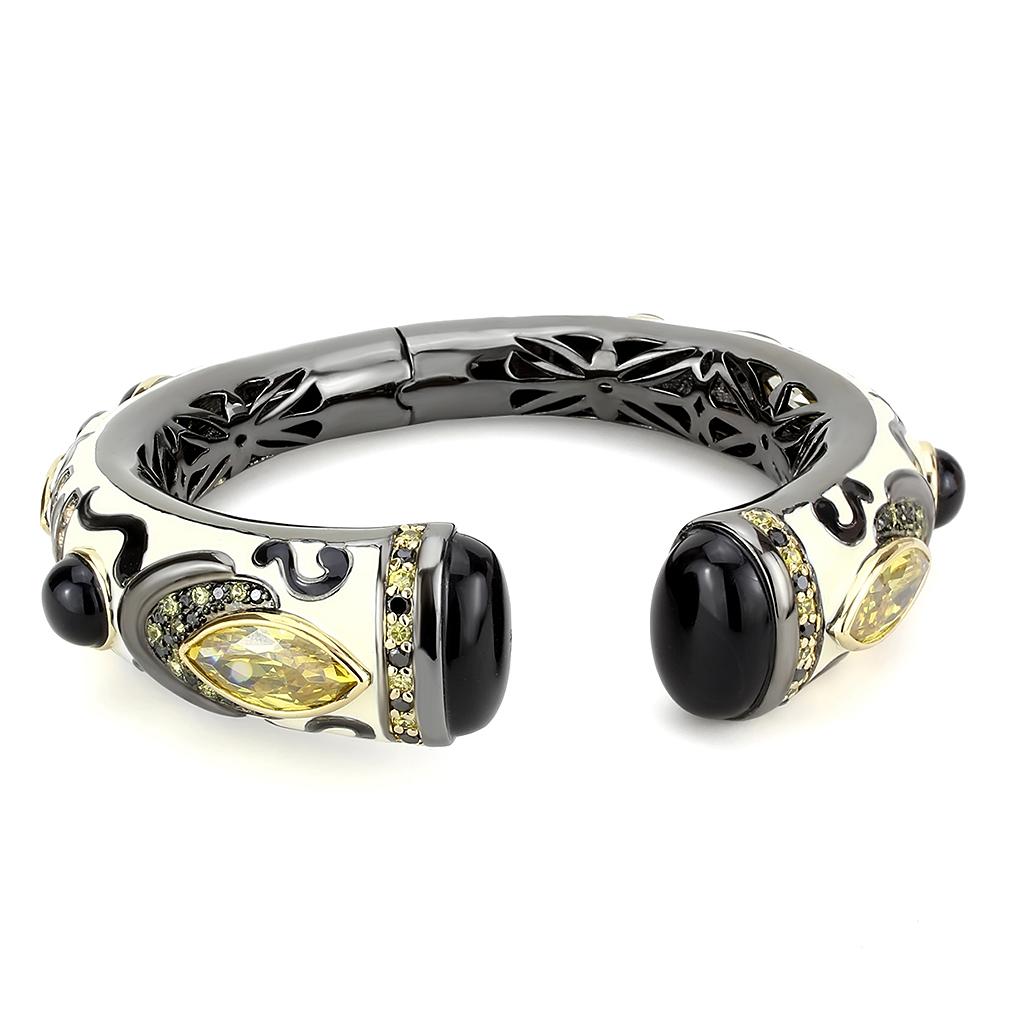LO4298 Gold and Hematite Brass Bangle featuring a synthetic onyx stone in jet color, showcasing elegance and craftsmanship.