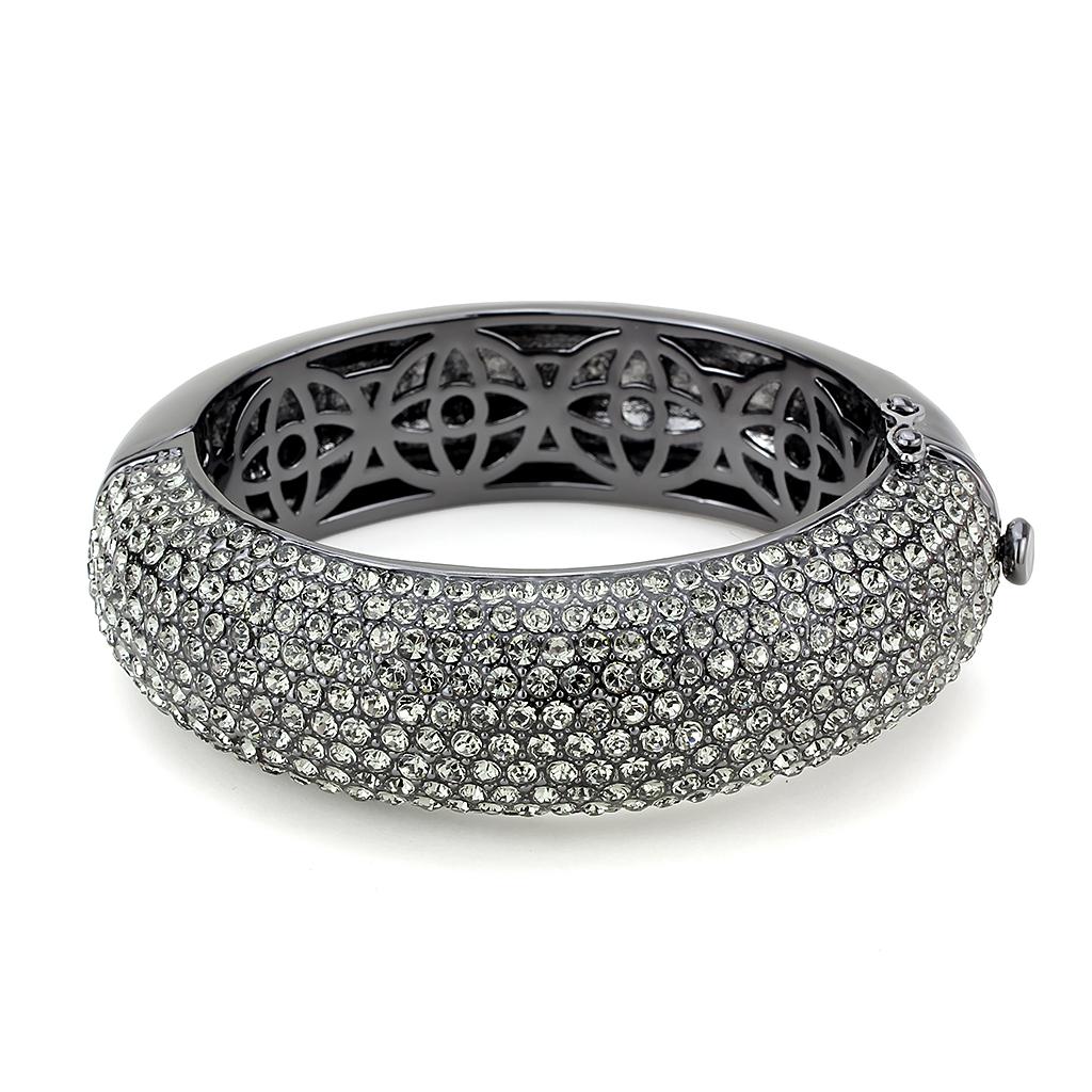 LO4304 TIN Cobalt Black Brass Bangle featuring a Top Grade Crystal center stone in Black Diamond color, elegantly designed for modern fashion.