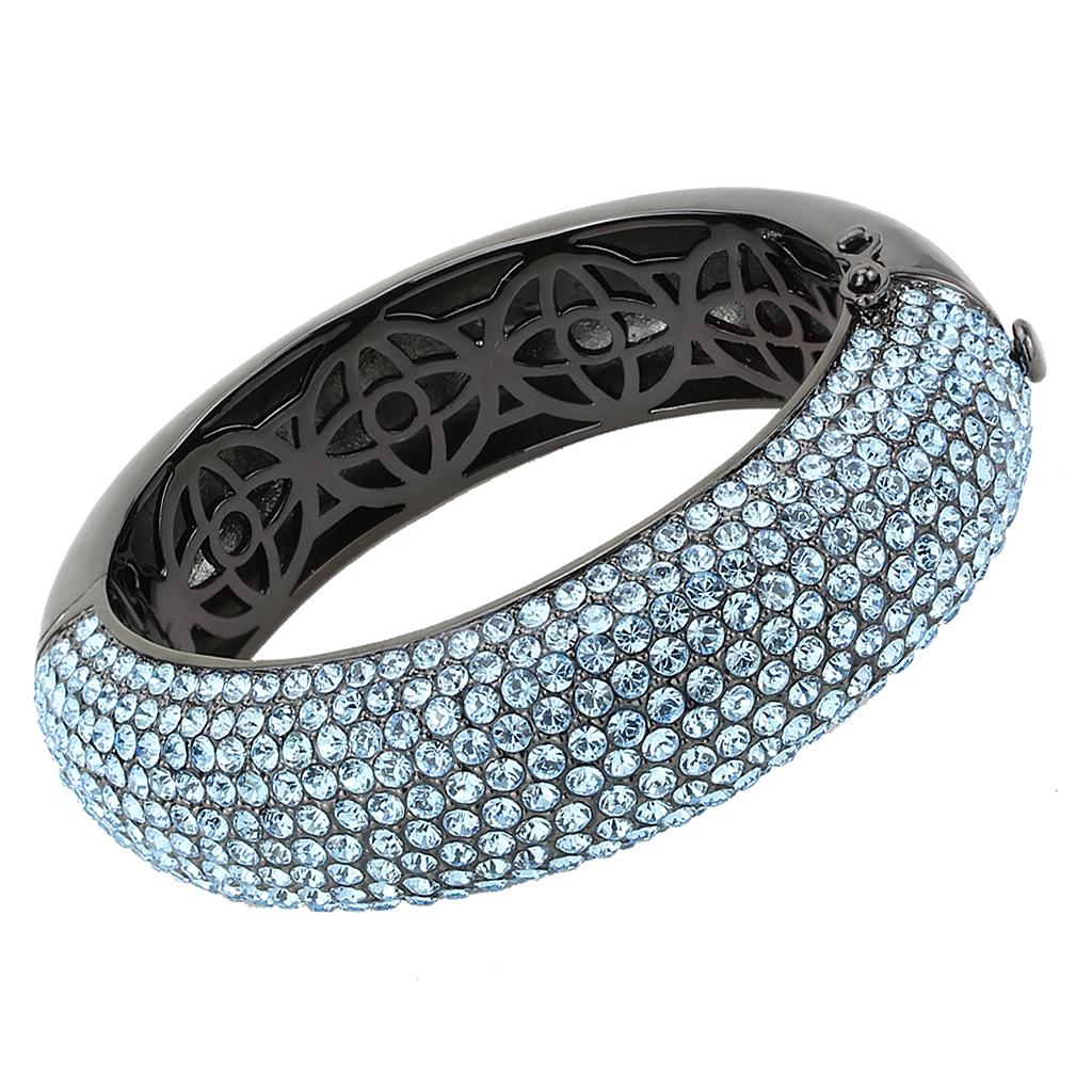 LO4305 TIN Cobalt Black Brass Bangle featuring a Sea Blue Top Grade Crystal, showcasing its elegant design and craftsmanship.