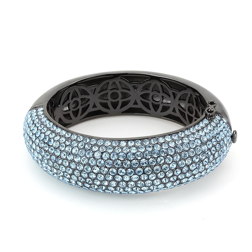 LO4305 TIN Cobalt Black Brass Bangle featuring a Sea Blue Top Grade Crystal, showcasing its elegant design and craftsmanship.