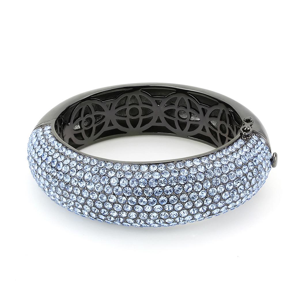 LO4307 TIN Cobalt Black Brass Bangle featuring an aquamarine top grade crystal, showcasing a modern and elegant design.