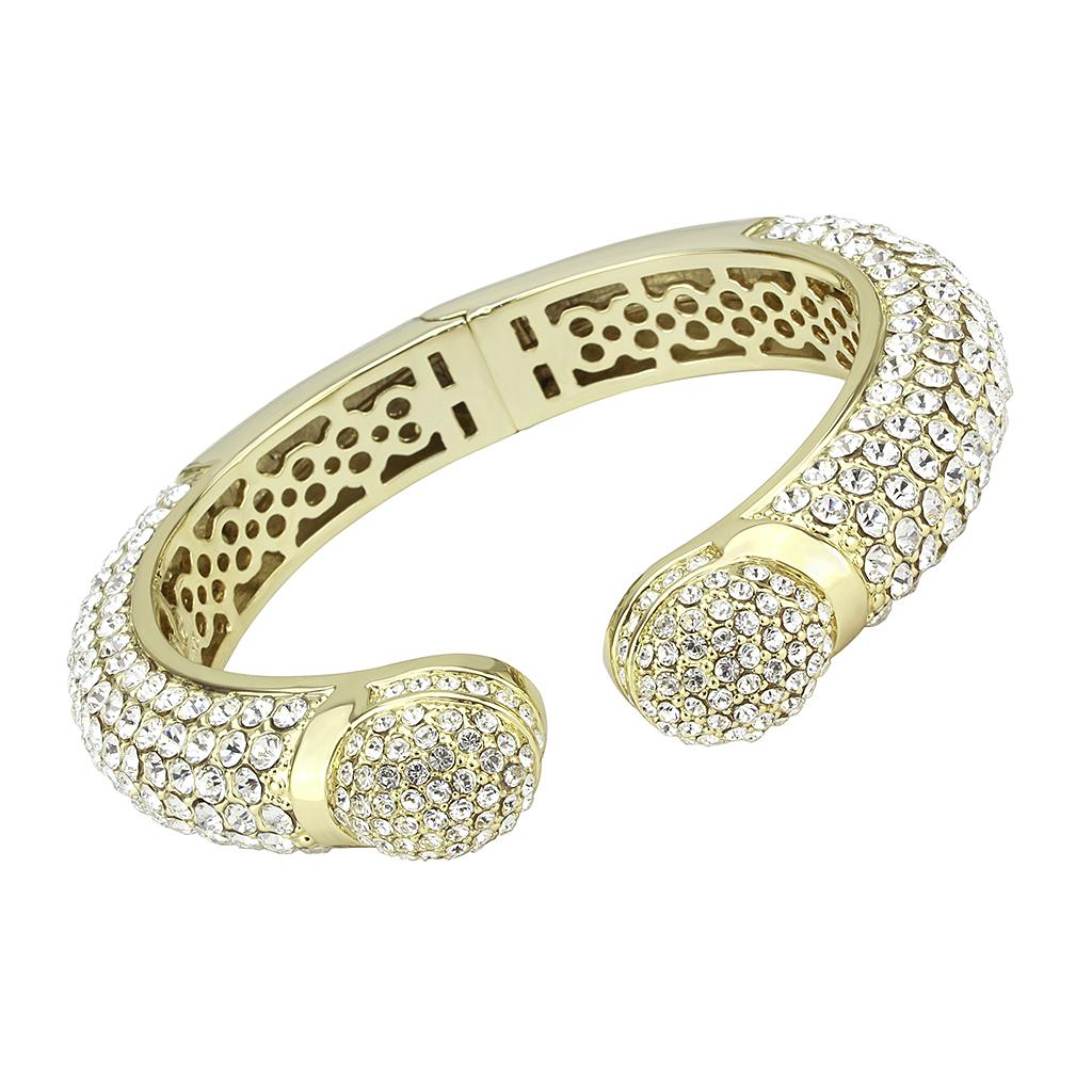 LO4311 Flash Gold Brass Bangle featuring a clear top-grade crystal, showcasing its elegant design and luxurious finish.