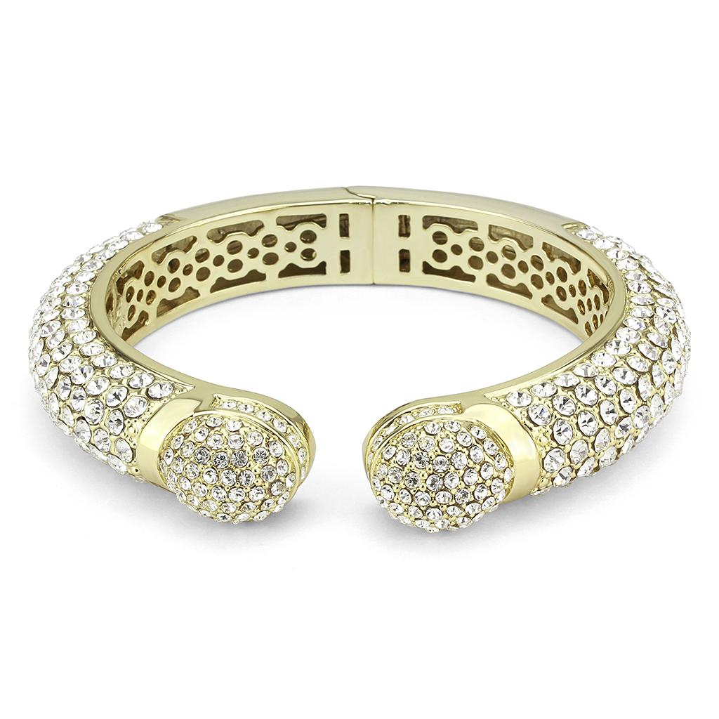 LO4311 Flash Gold Brass Bangle featuring a clear top-grade crystal, showcasing its elegant design and luxurious finish.