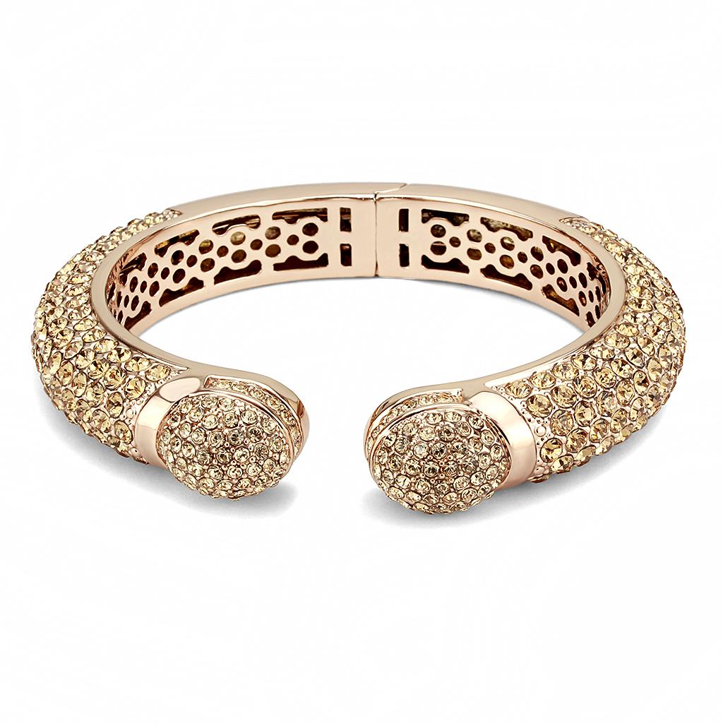 LO4313 Flash Rose Gold Brass Bangle with Top Grade Crystal and Smoked Quartz center stone, showcasing elegant design and luxurious finish.