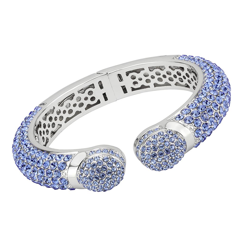 LO4315 Rhodium Brass Bangle featuring light sapphire crystals, showcasing its elegant design and luxurious finish.