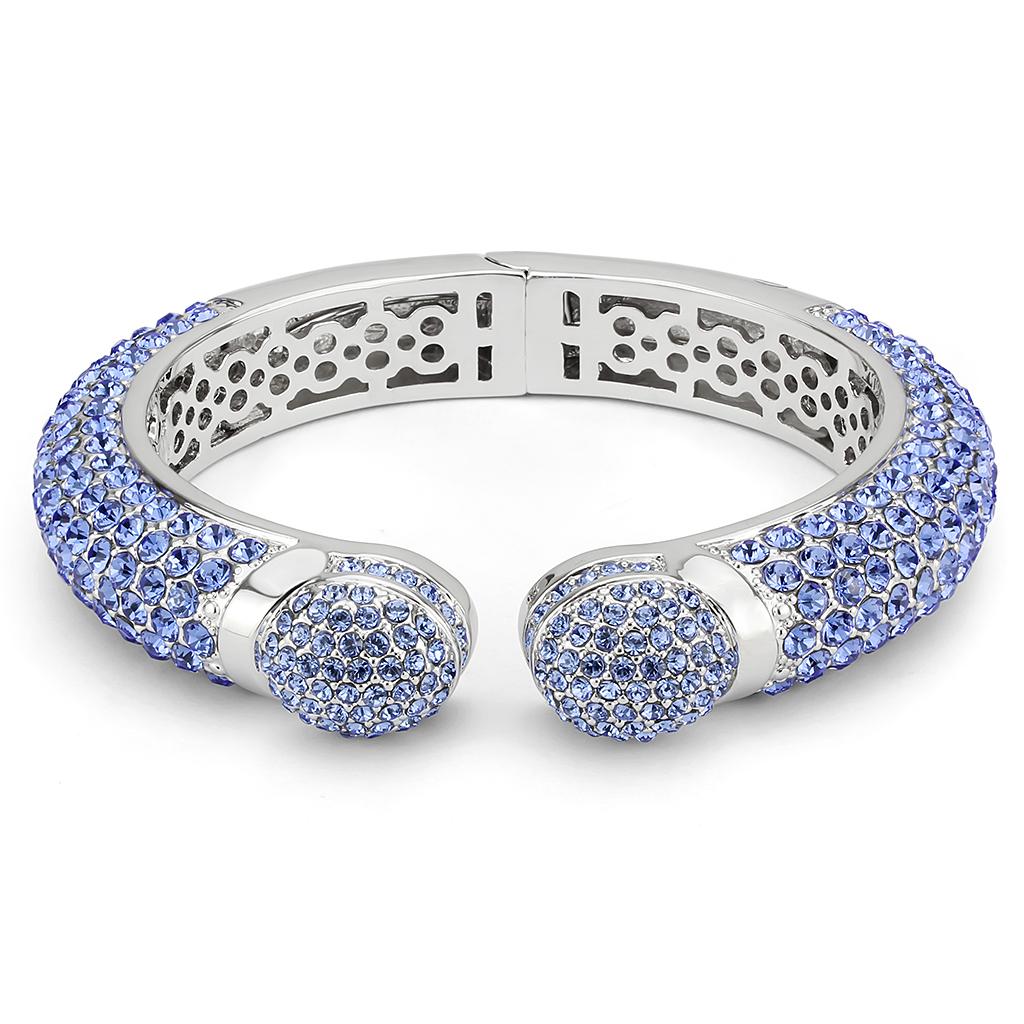 LO4315 Rhodium Brass Bangle featuring light sapphire crystals, showcasing its elegant design and luxurious finish.
