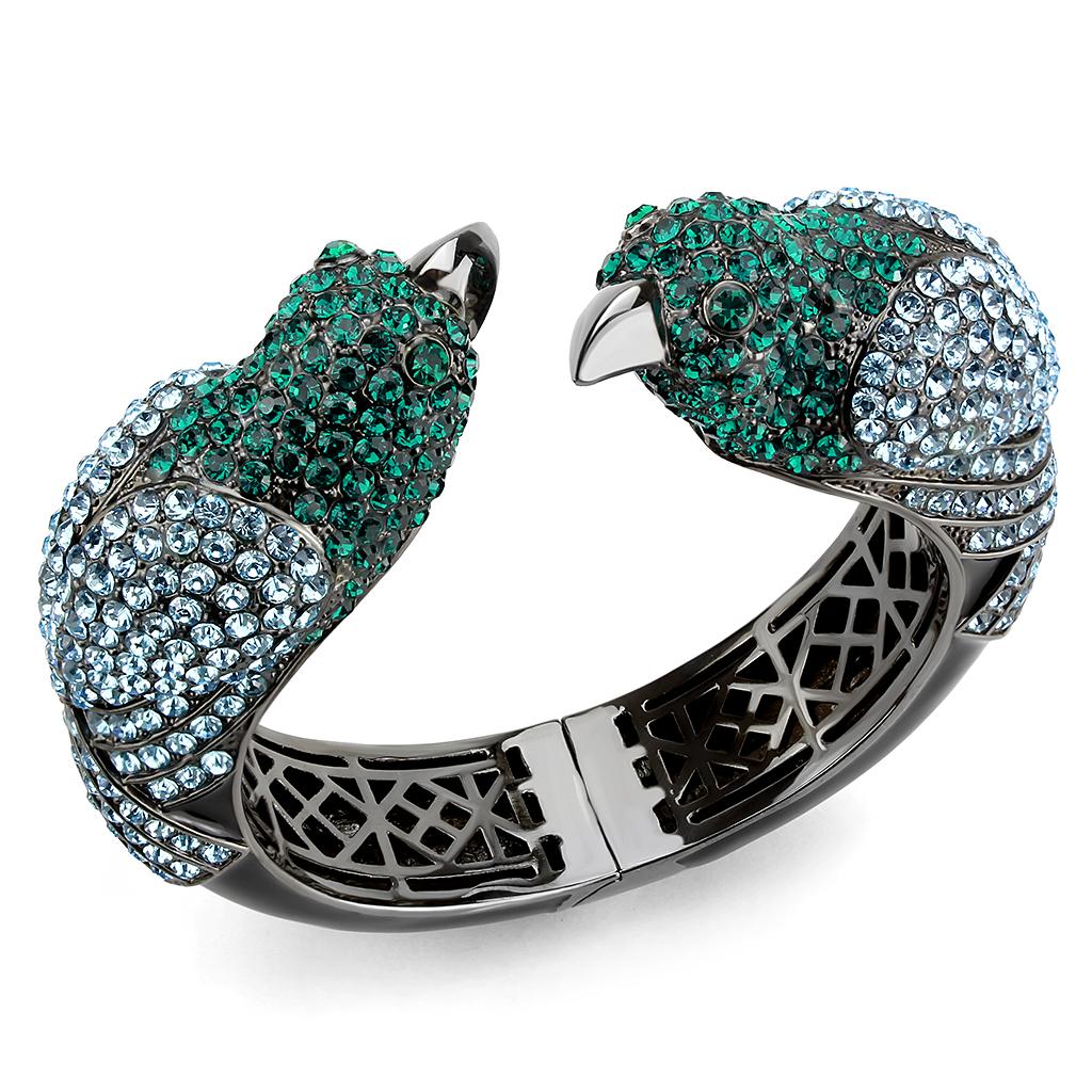 LO4332 Ruthenium Brass Bangle featuring multi-color top-grade crystals, showcasing its elegant design and luxurious finish.