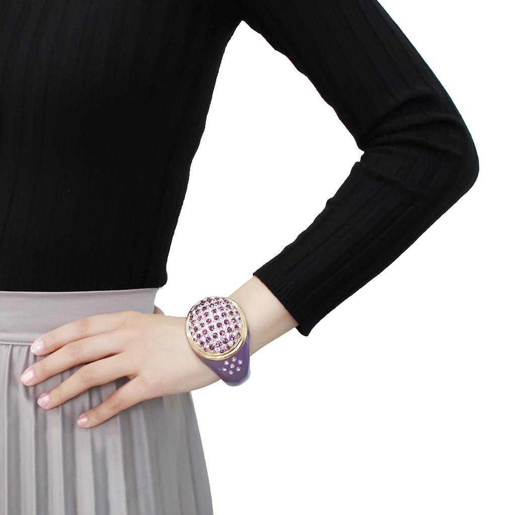 Elegant LO4326 Gold Brass Bangle featuring a stunning top-grade amethyst crystal, perfect for stylish accessorizing.