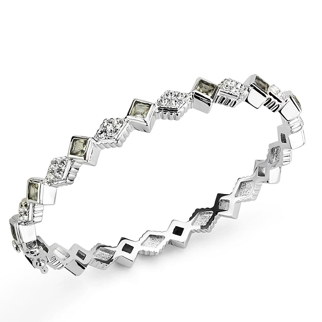 LO4340 Rhodium Brass Bangle featuring a gray synthetic stone, showcasing its elegant design and luxurious finish.