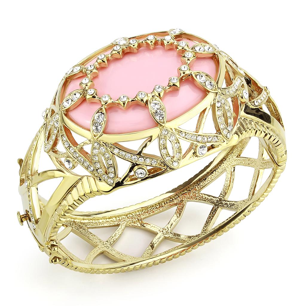 LO4347 Gold Brass Bangle featuring a synthetic rose stone, elegantly designed for stylish accessorizing.