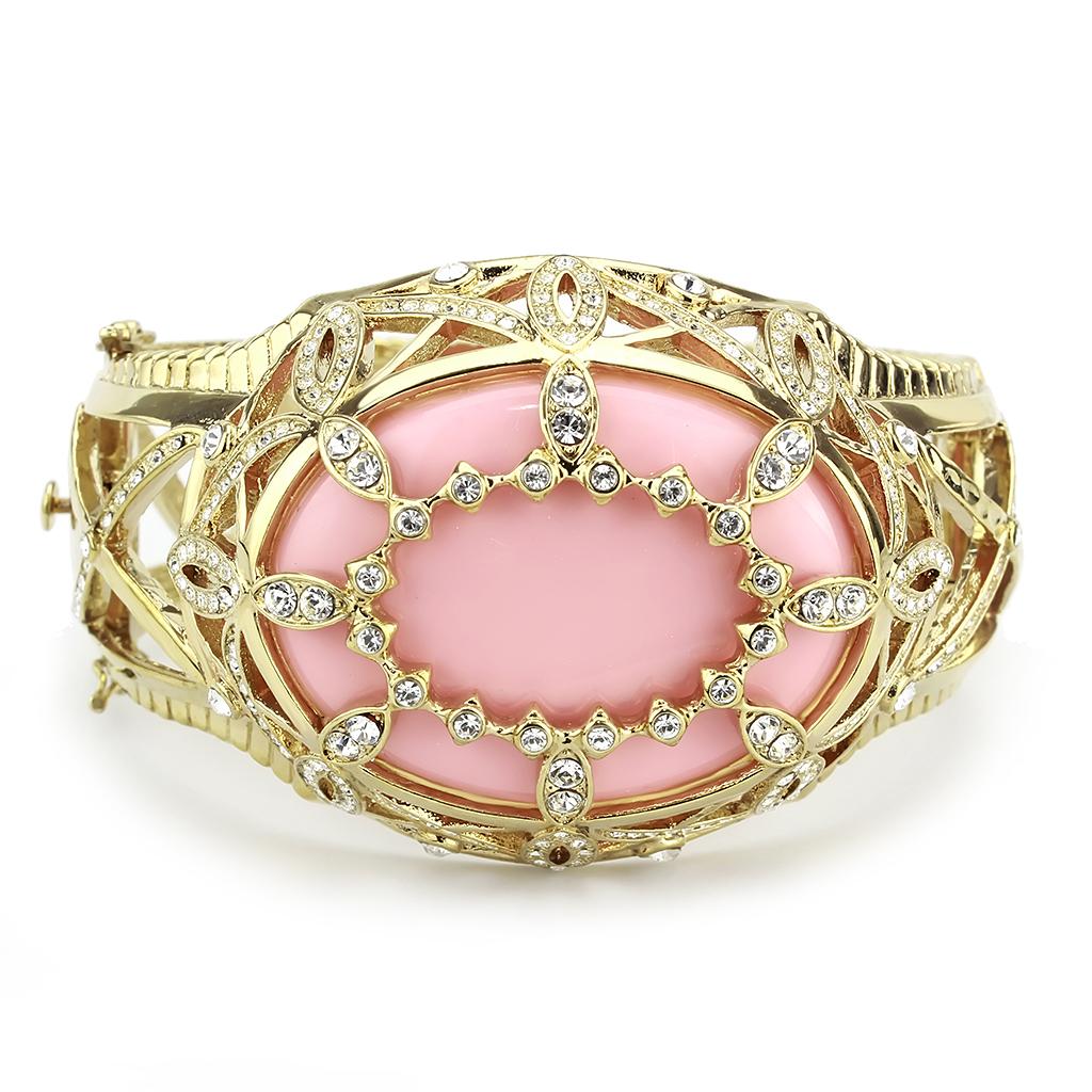 LO4347 Gold Brass Bangle featuring a synthetic rose stone, elegantly designed for stylish accessorizing.