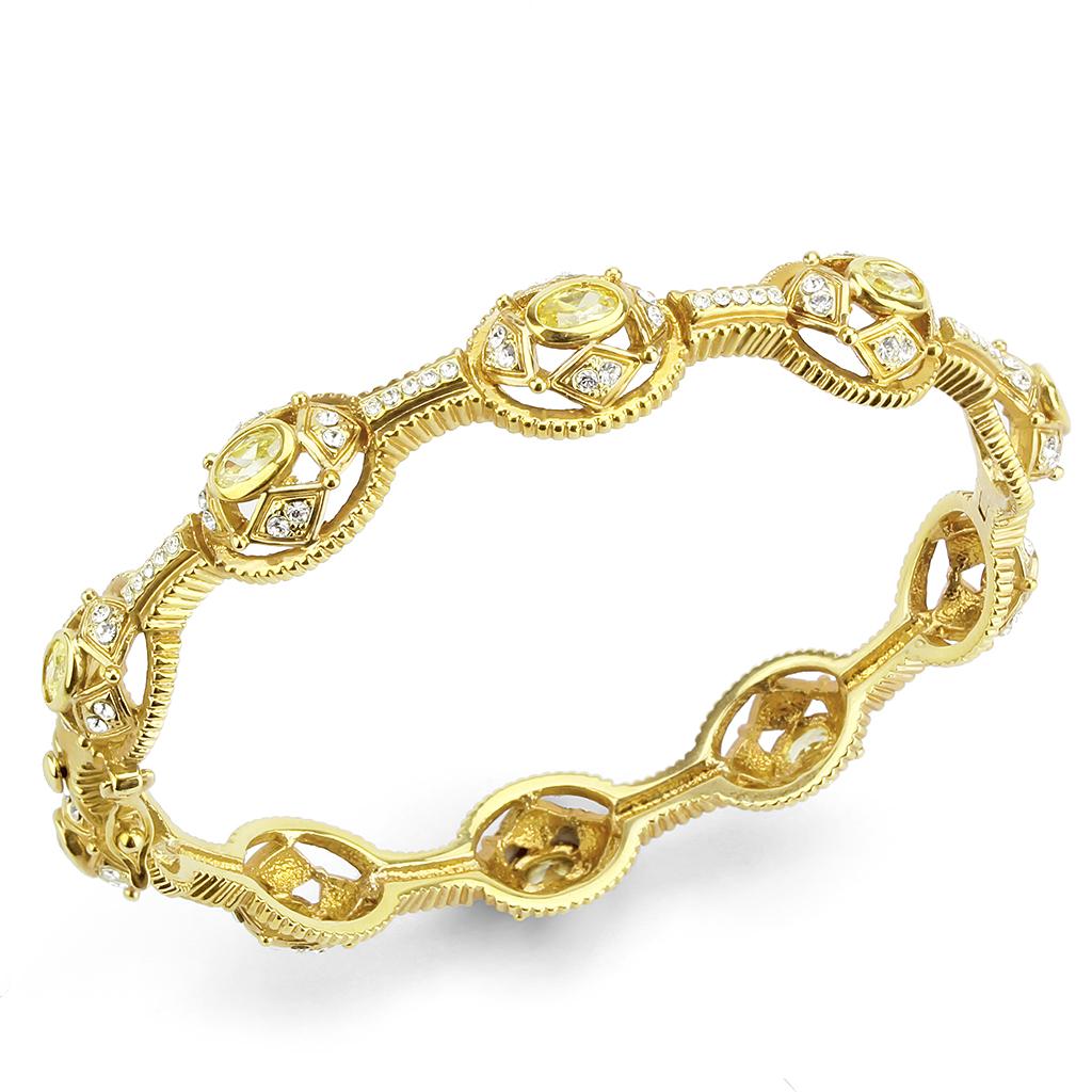 LO4335 Gold Brass Bangle featuring AAA Grade CZ in vibrant Citrine Yellow, showcasing its elegant design and luxurious finish.