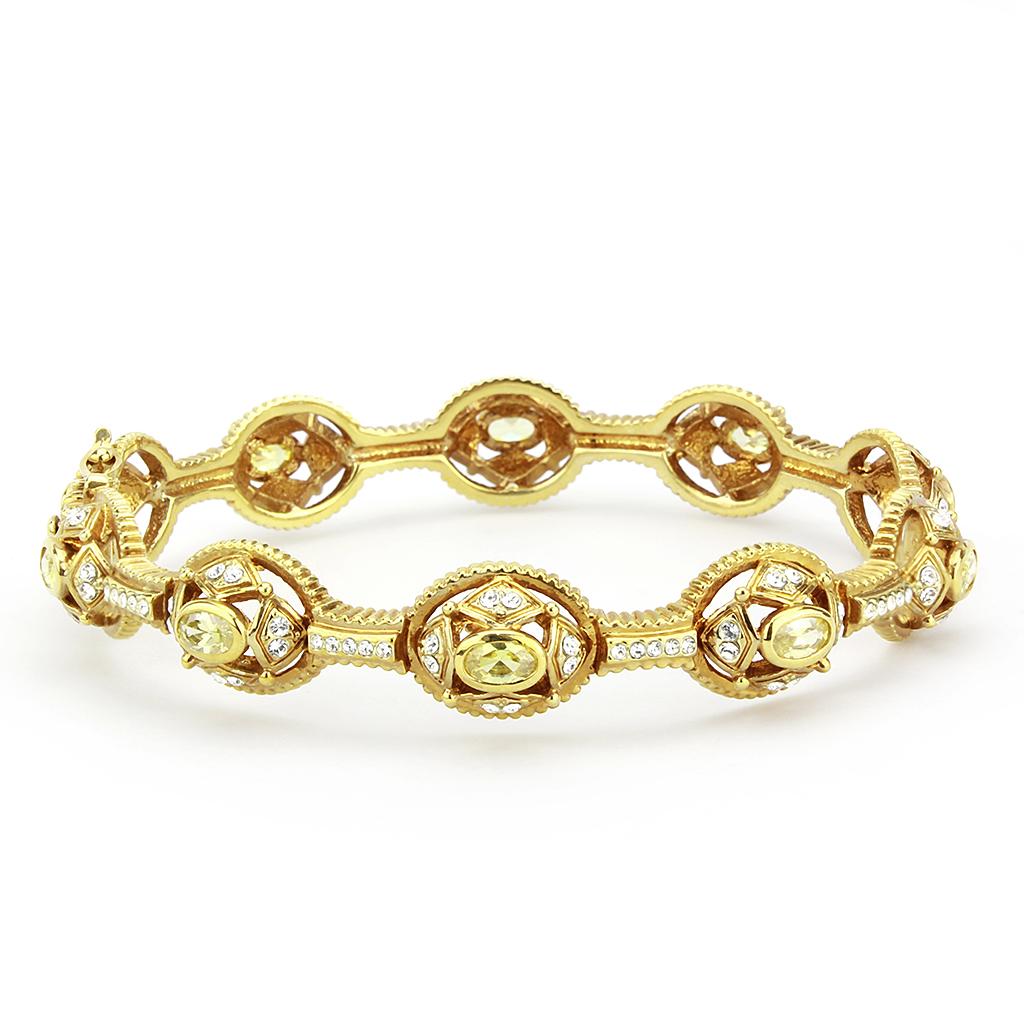 LO4335 Gold Brass Bangle featuring AAA Grade CZ in vibrant Citrine Yellow, showcasing its elegant design and luxurious finish.