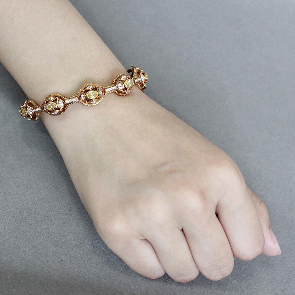 LO4335 Gold Brass Bangle featuring AAA Grade CZ in vibrant Citrine Yellow, showcasing its elegant design and luxurious finish.