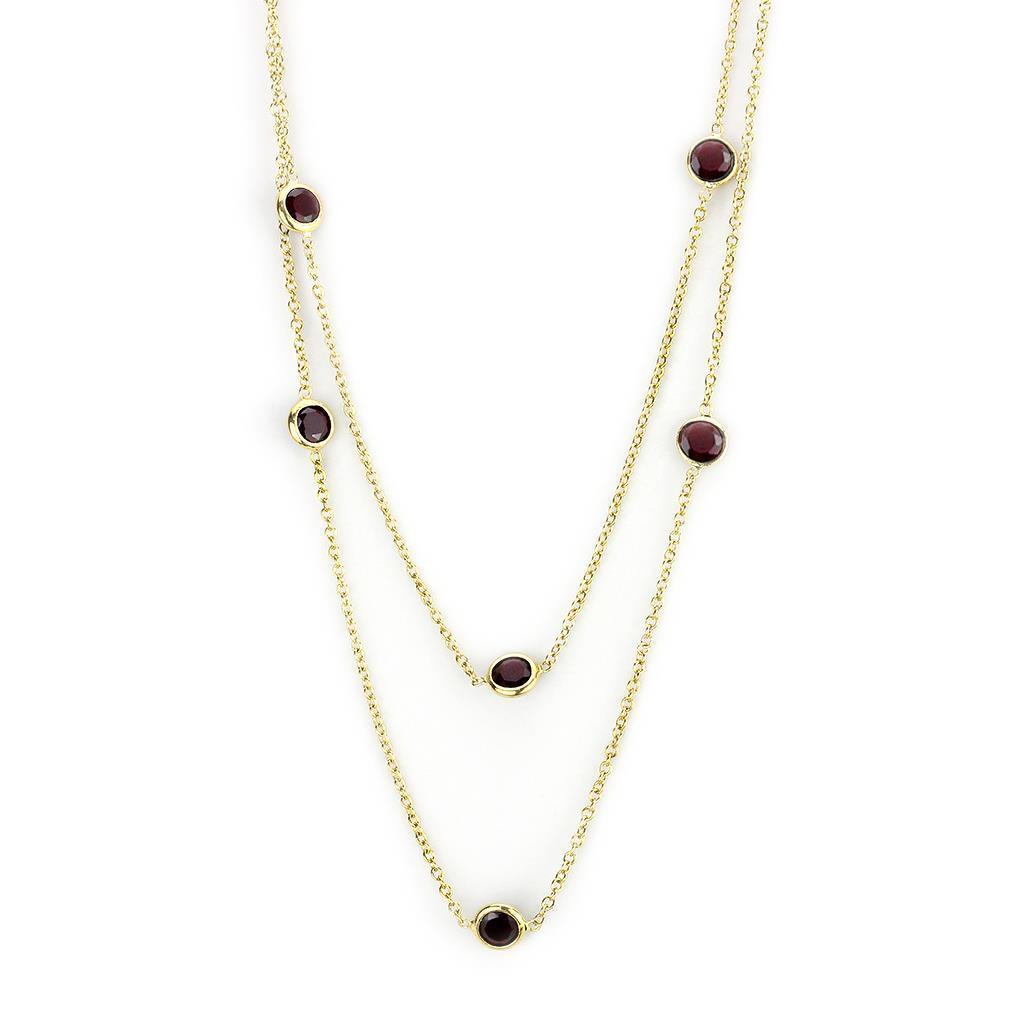 LO4702 Gold Brass Necklace featuring AAA Grade CZ in Garnet, showcasing its elegant design and vibrant stone.