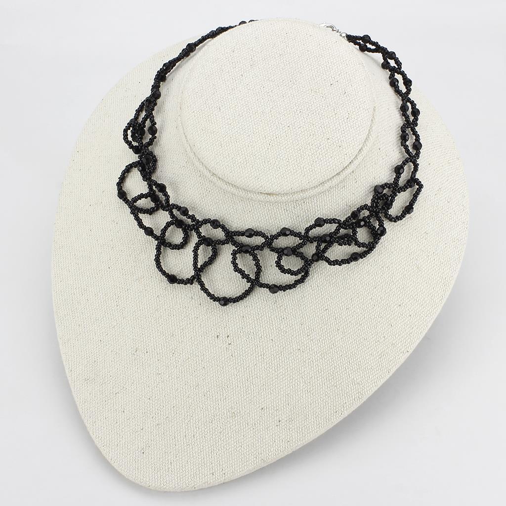 LO4721 Rhodium Brass Necklace featuring a synthetic glass stone in jet color, elegantly designed for versatile wear.