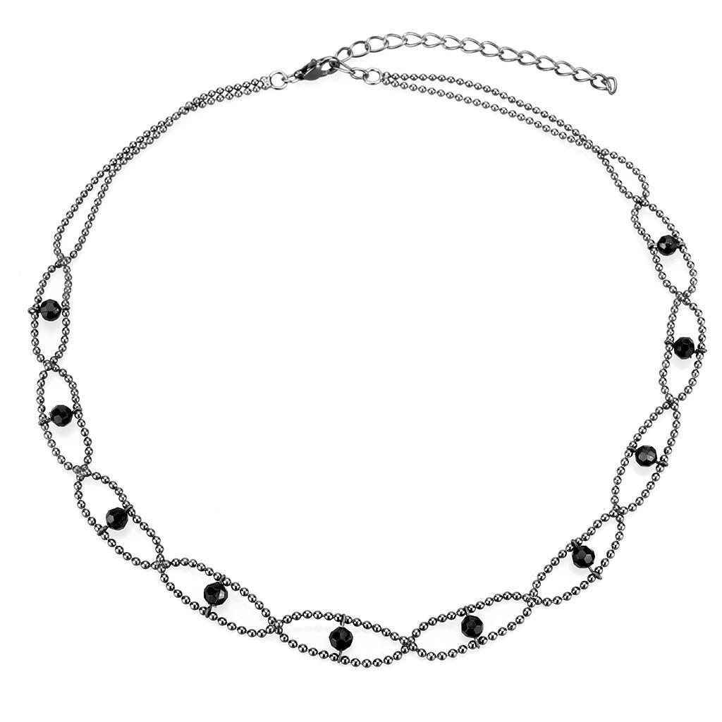 LO4723 Ruthenium White Metal Necklace featuring a jet-colored synthetic glass stone, elegantly designed for modern fashion.