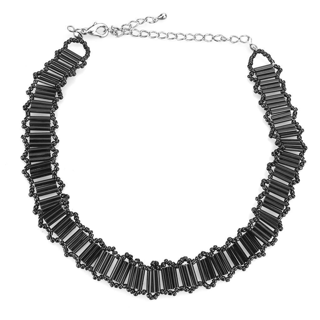 LO4724 Rhodium White Metal Necklace featuring a jet-colored synthetic glass stone, elegantly designed for versatile wear.