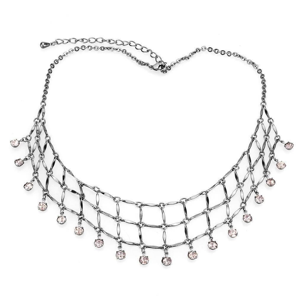 LO4731 Ruthenium White Metal Necklace featuring a light amethyst top-grade crystal centerpiece, elegantly designed for any occasion.