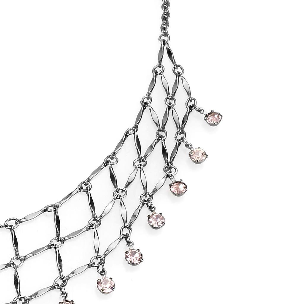 LO4731 Ruthenium White Metal Necklace featuring a light amethyst top-grade crystal centerpiece, elegantly designed for any occasion.