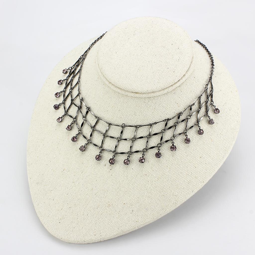 LO4731 Ruthenium White Metal Necklace featuring a light amethyst top-grade crystal centerpiece, elegantly designed for any occasion.