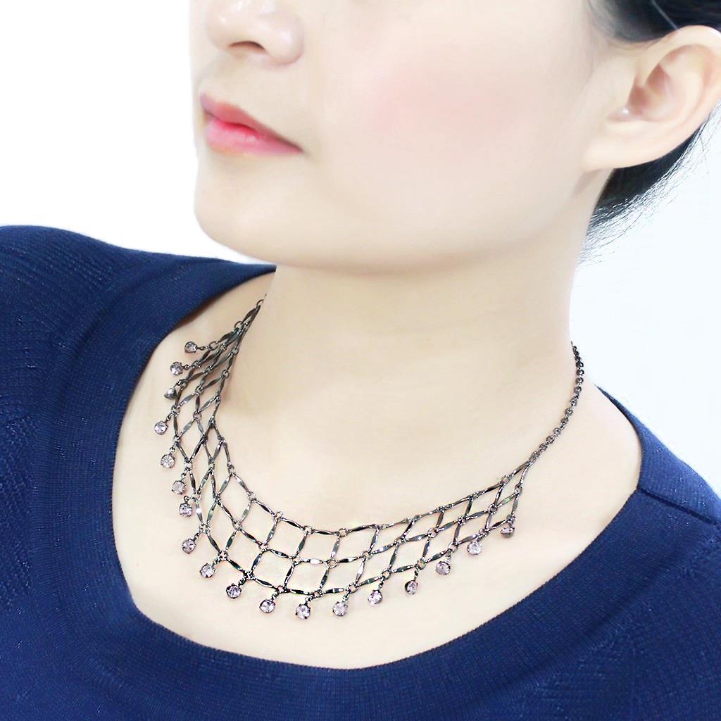 LO4731 Ruthenium White Metal Necklace featuring a light amethyst top-grade crystal centerpiece, elegantly designed for any occasion.