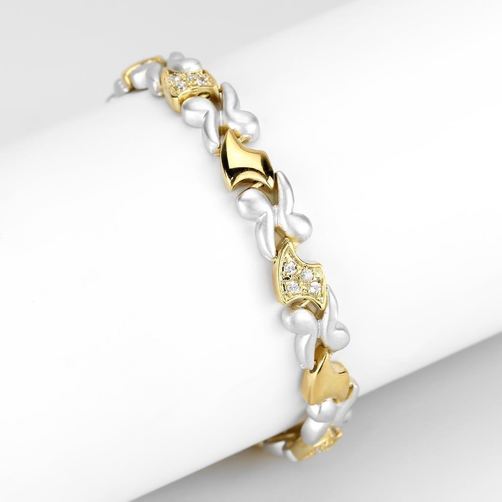 LO4736 Gold and Rhodium Brass Bracelet featuring a clear AAA Grade CZ stone, elegantly designed for any occasion.