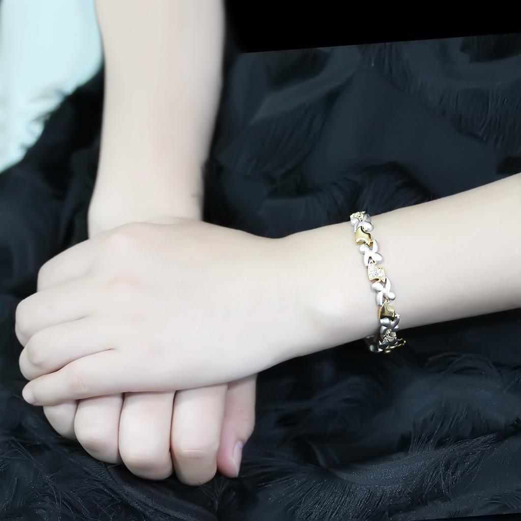 LO4736 Gold and Rhodium Brass Bracelet featuring a clear AAA Grade CZ stone, elegantly designed for any occasion.