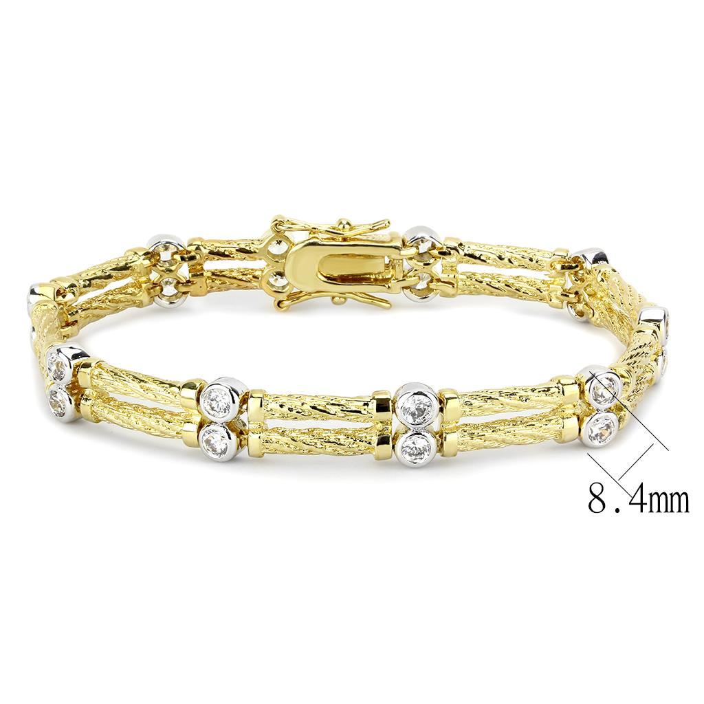 Gold and rhodium brass bracelet featuring a clear AAA grade cubic zirconia stone, elegantly designed for any occasion.